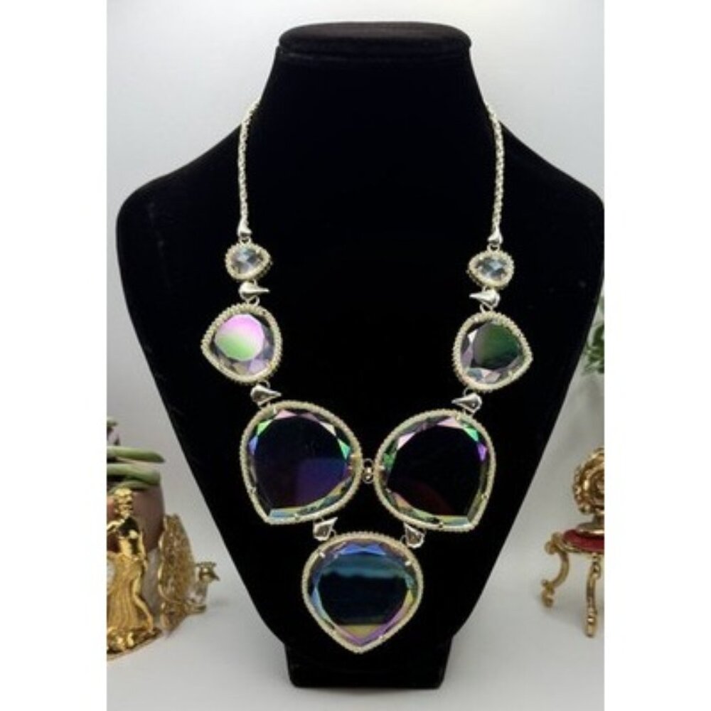Stunning Kendra Scott Rebecca Iridescent Crystals Statement Bib Necklace Golden